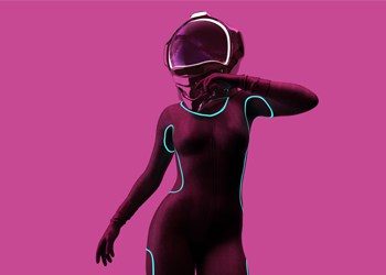 neon space costume on pink background / digital transformation