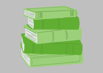 stack of green books on gray background